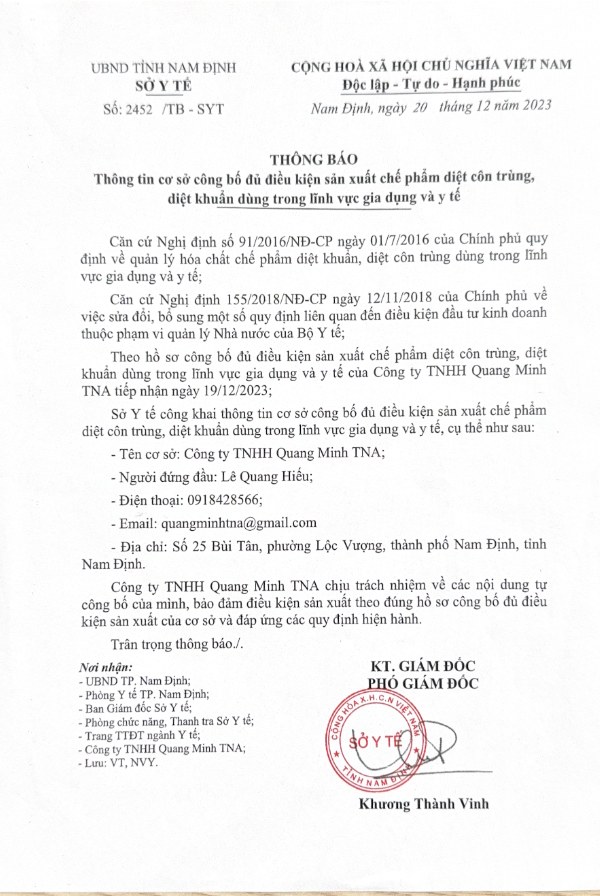 Thông báo đủ điều kiện sản xuất chế phẩm diệt côn trùng, diệt khuẩn số 2452/TB-SYT - Sở Y tế Nam Định