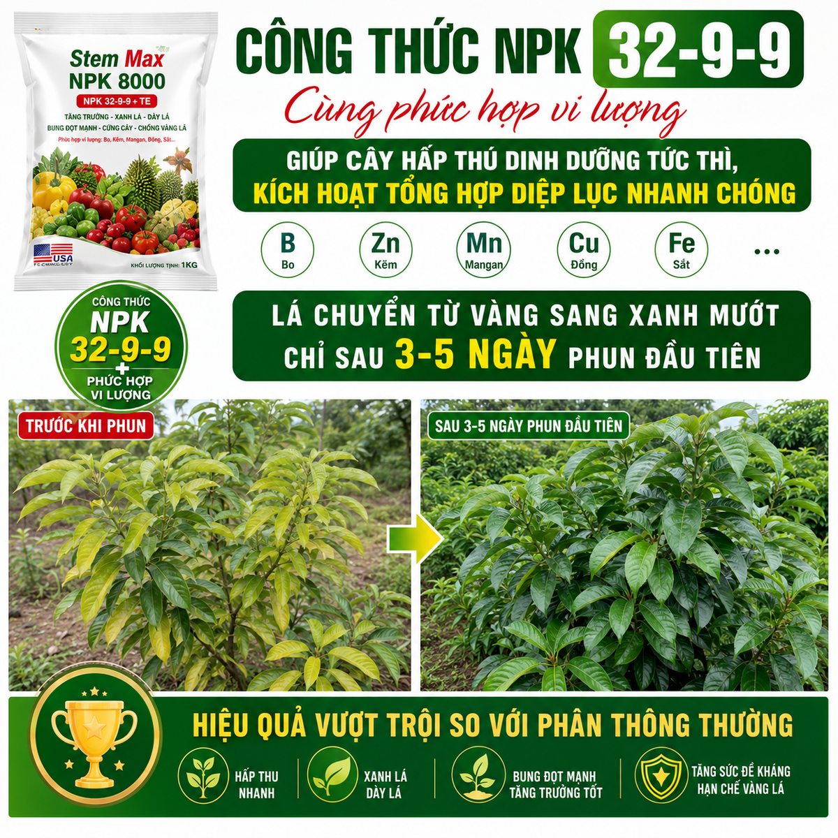 Công thức NPK 32-9-9 cùng phức hợp vi lượng STEM MAX